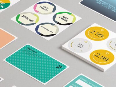 Colorful circular and rectangular cards with various icons and text on a white surface.