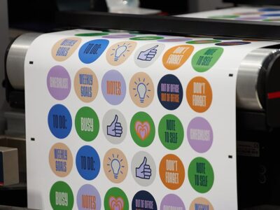 Printed sheet of colorful circular icons with various symbols and text.