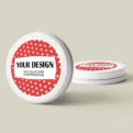 Round containers with customizable design labels in red and white.