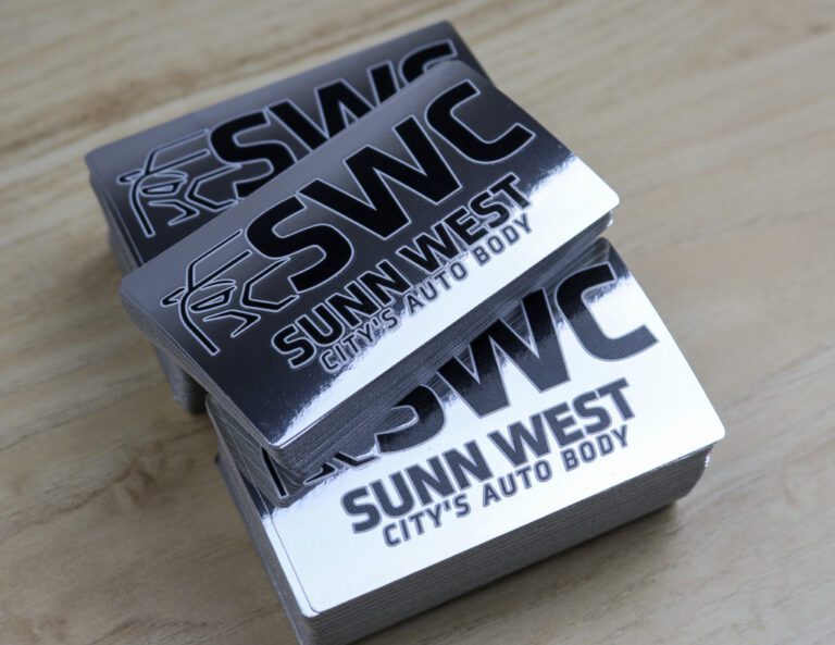 Three car accessories with SWC Sunny West Citys Auto Body logos.