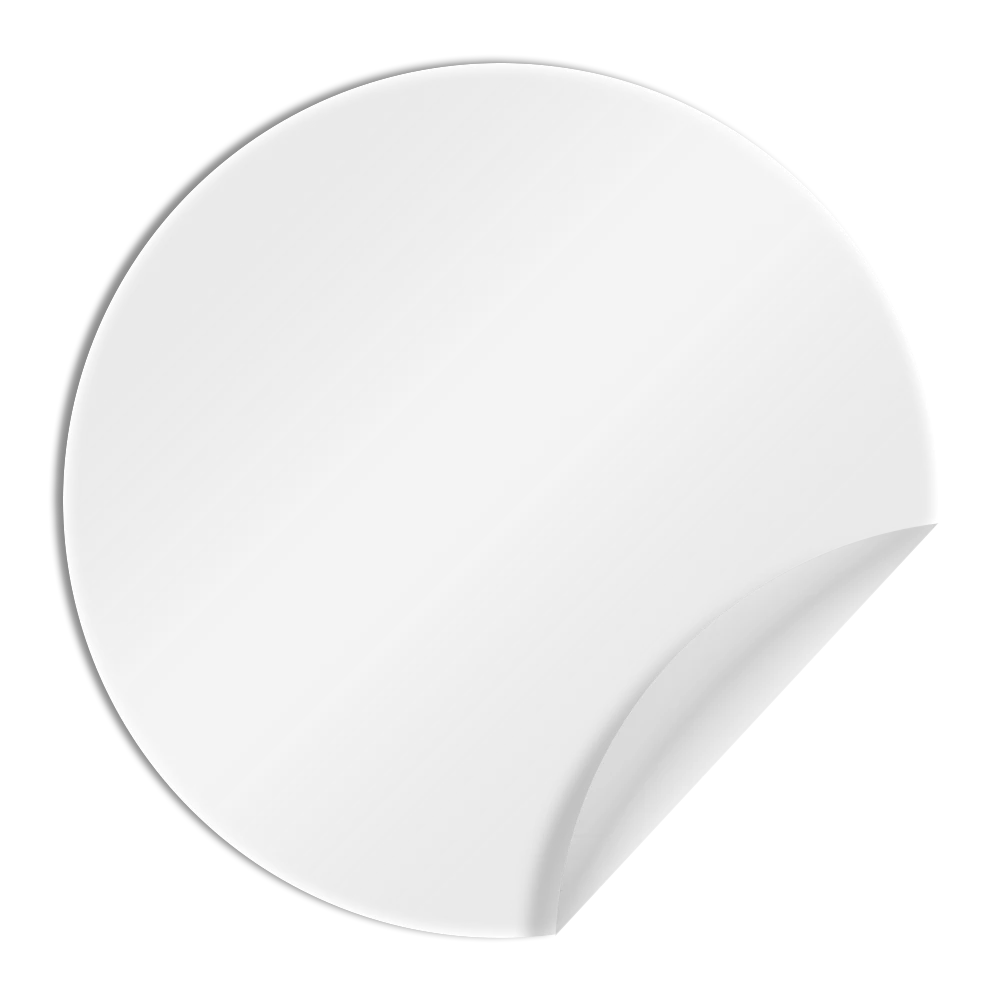 A round mirror with a slightly peeled corner.