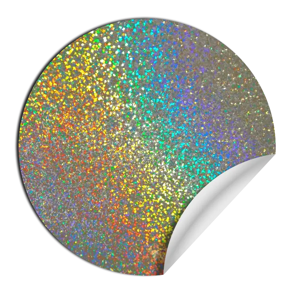 Colorful holographic sticker with a peeling corner.