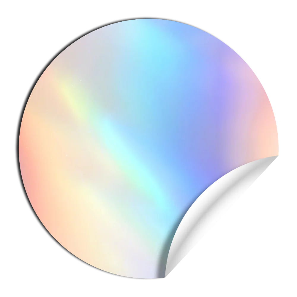 A shiny round sticker with a curled edge and a rainbow gradient.