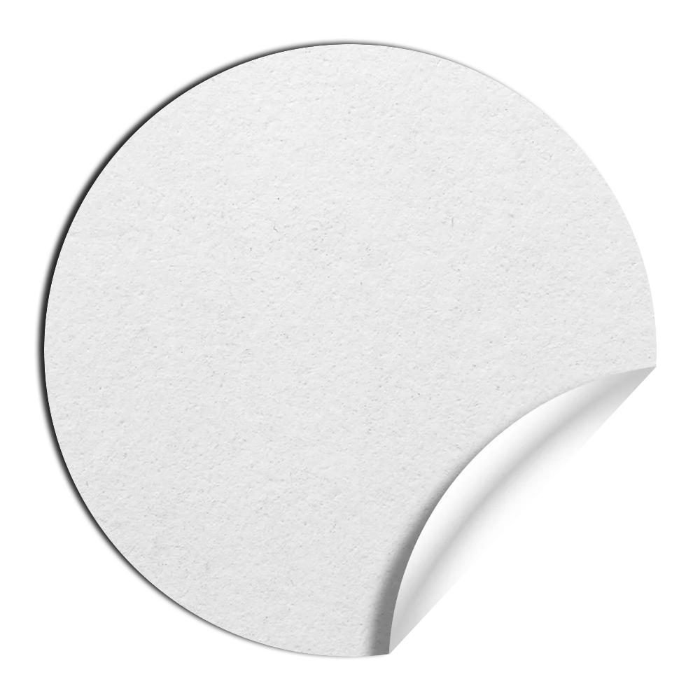 A white circular sticker with a peeled corner.