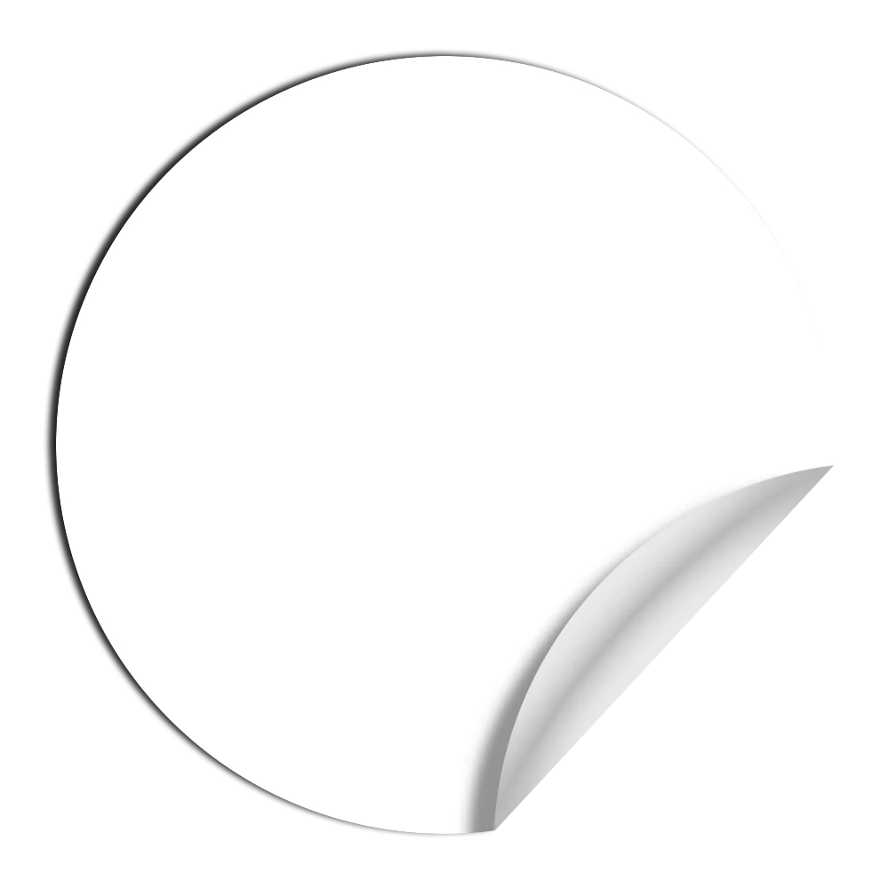A round sticker with a curled corner on a transparent background.