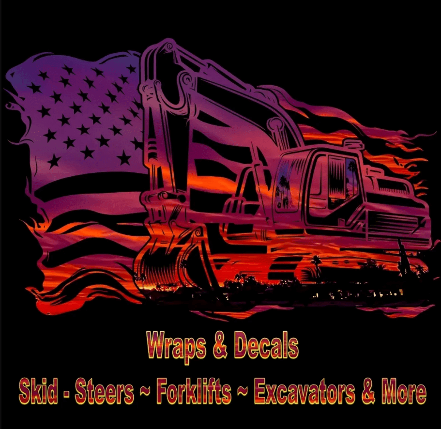 Excavator over American flag with sunset colors