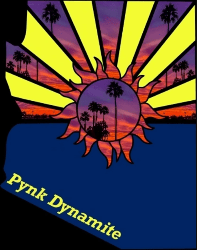 Pynk Dynamite sunburst logo with palm sunset