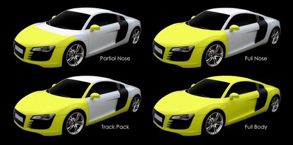 Four yellow and white sports car wrap options