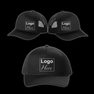 Three black trucker caps with logo patch
