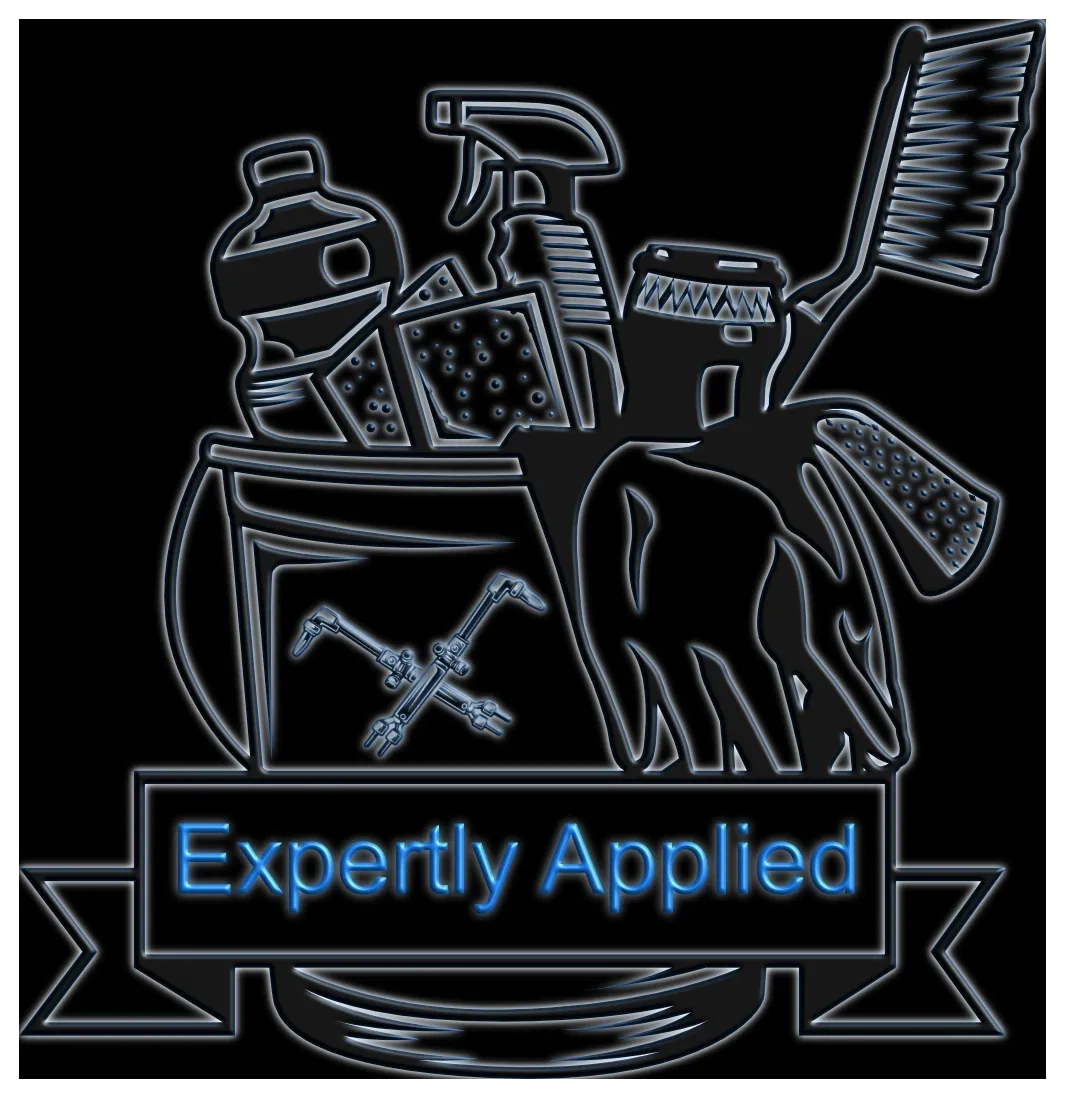 Neon cleaning supplies logo with "Expertly Applied