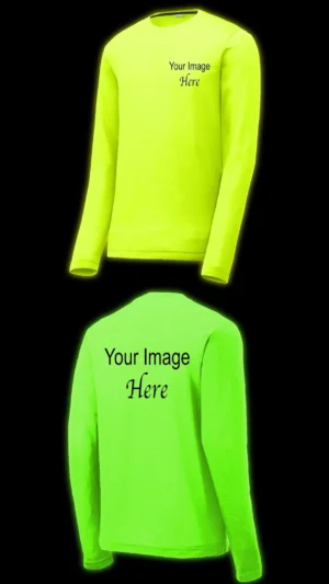 Neon green long-sleeve shirt mockup front and back