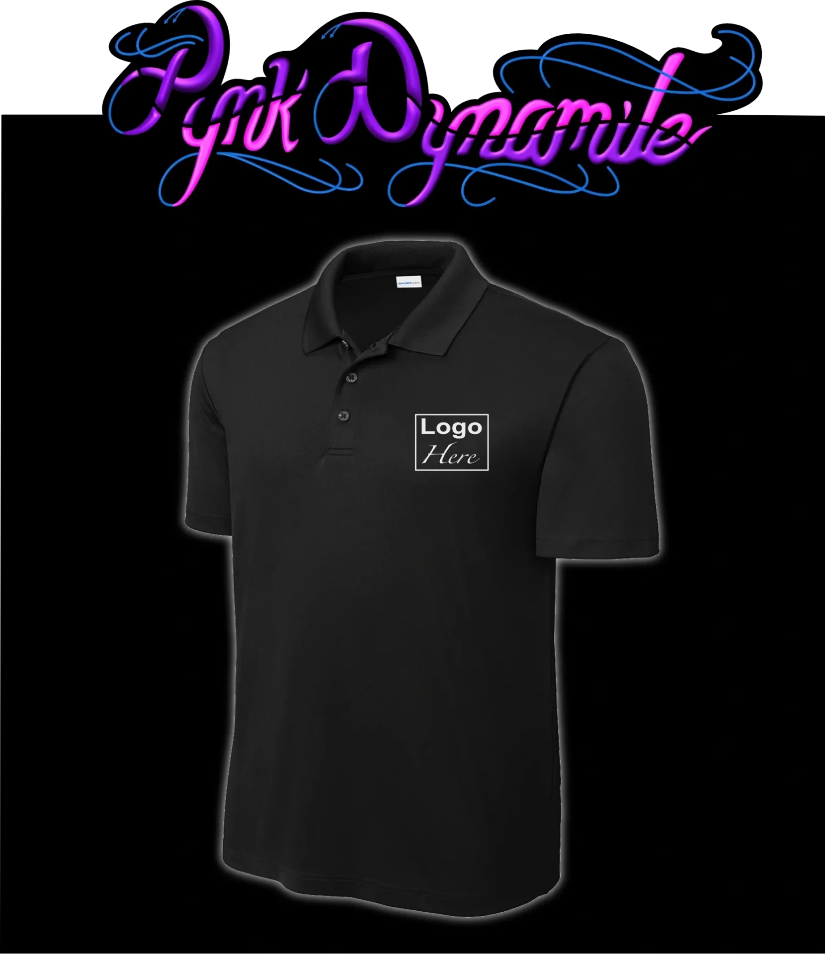 Black polo shirt mockup with Pink Dynamite logo Black polo shirt mockup with Pink Dynamite logo