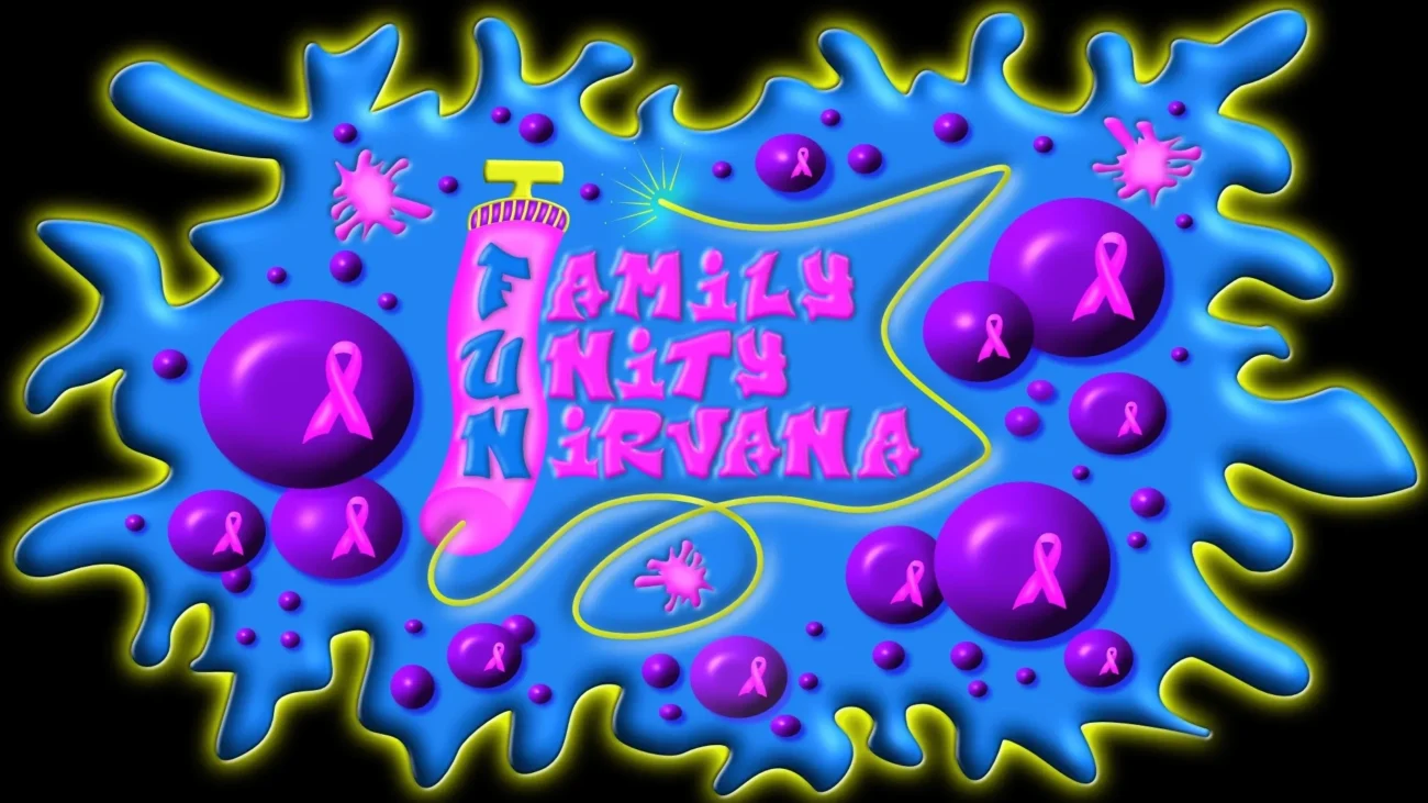 Psychedelic splash reading "Family Unity Nirvana" with ribbons