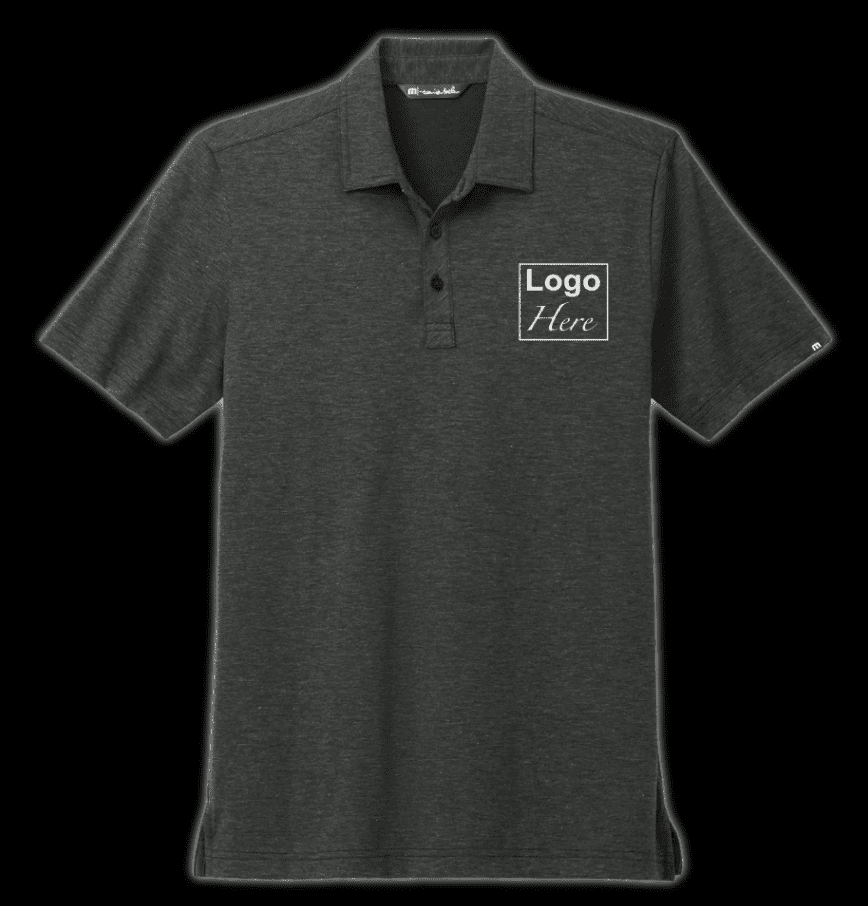 Dark gray polo shirt with logo placeholder