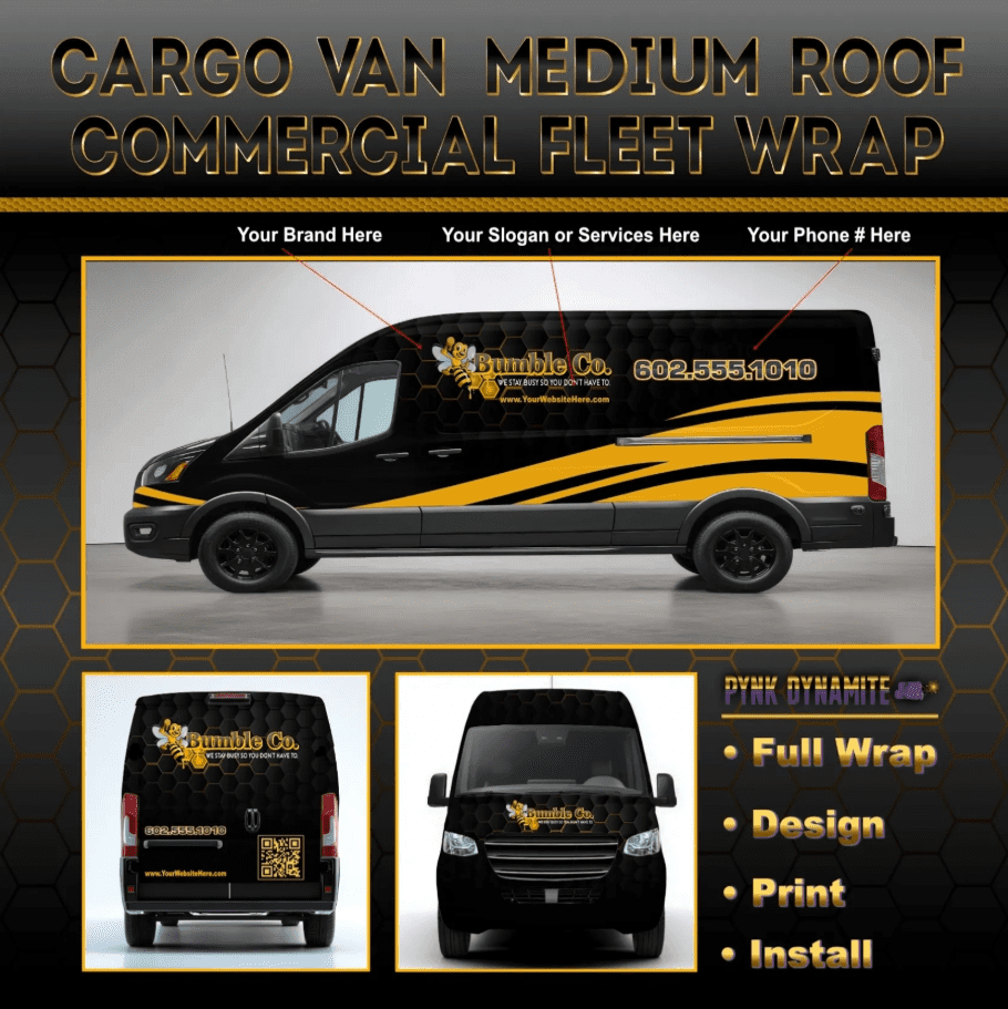 Black commercial cargo van with yellow bee wrap