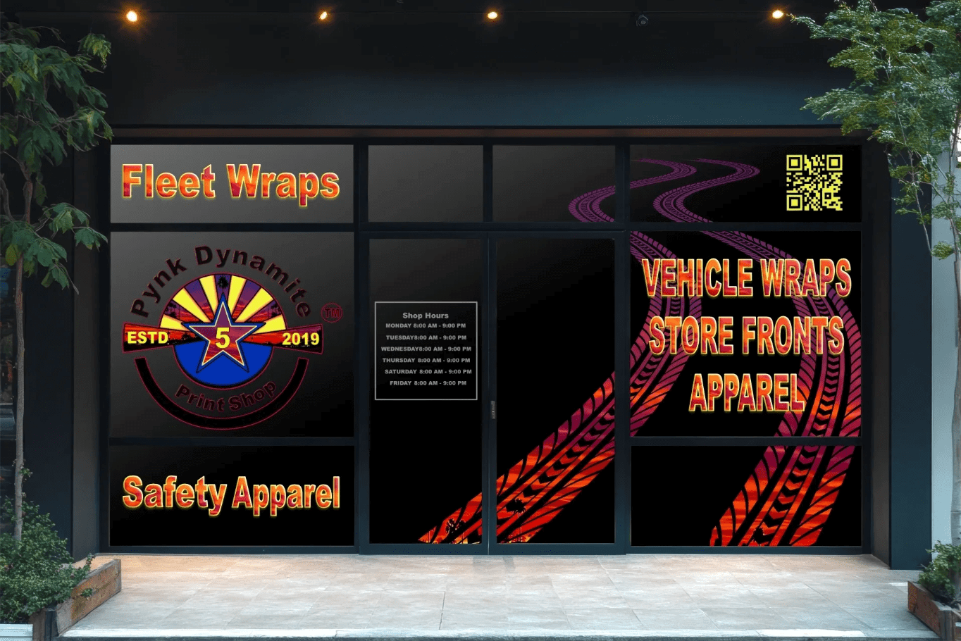 Fleet and vehicle wraps storefront with tire-tread graphics