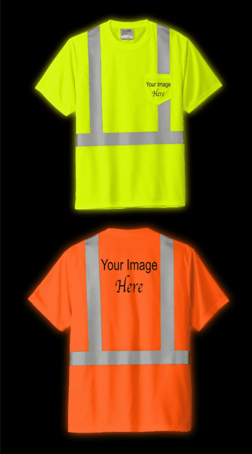 Two high-visibility safety shirts with reflective stripes